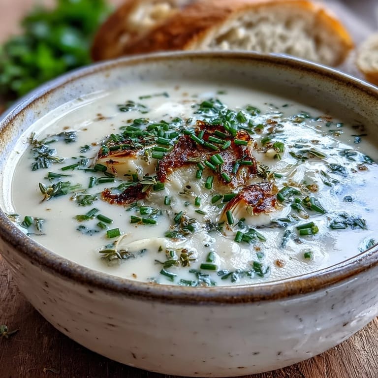 Freshly roasted garlic cloves and herbs simmering into a velvety Roasted Garlic and Herb Soup, steam rising.