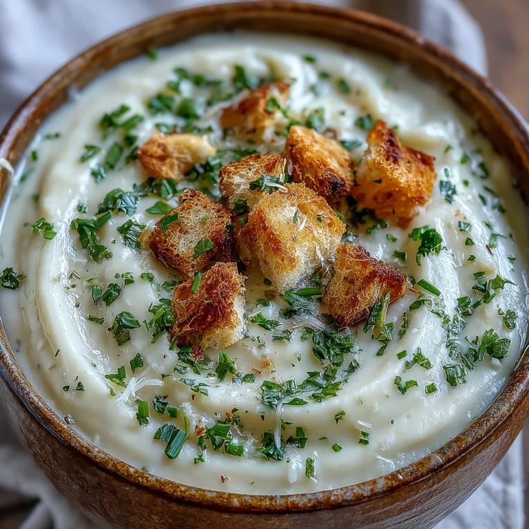 Steaming garlic and herb soup in a white bowl, garnished with fresh herbs and olive oil, perfect for cool evenings.