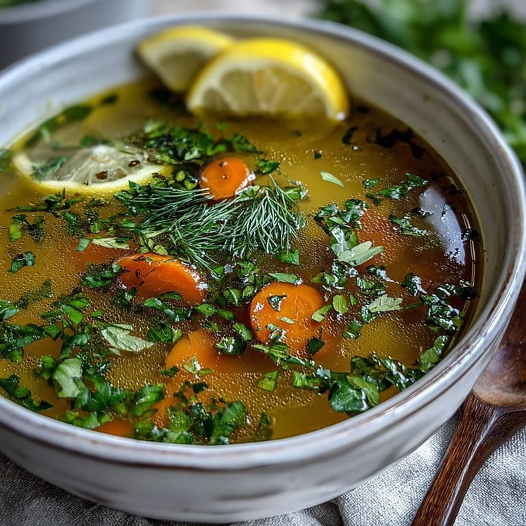 Bright yellow Lemon Herb Soup steaming in a white bowl, garnished with fresh parsley and lemon slices.