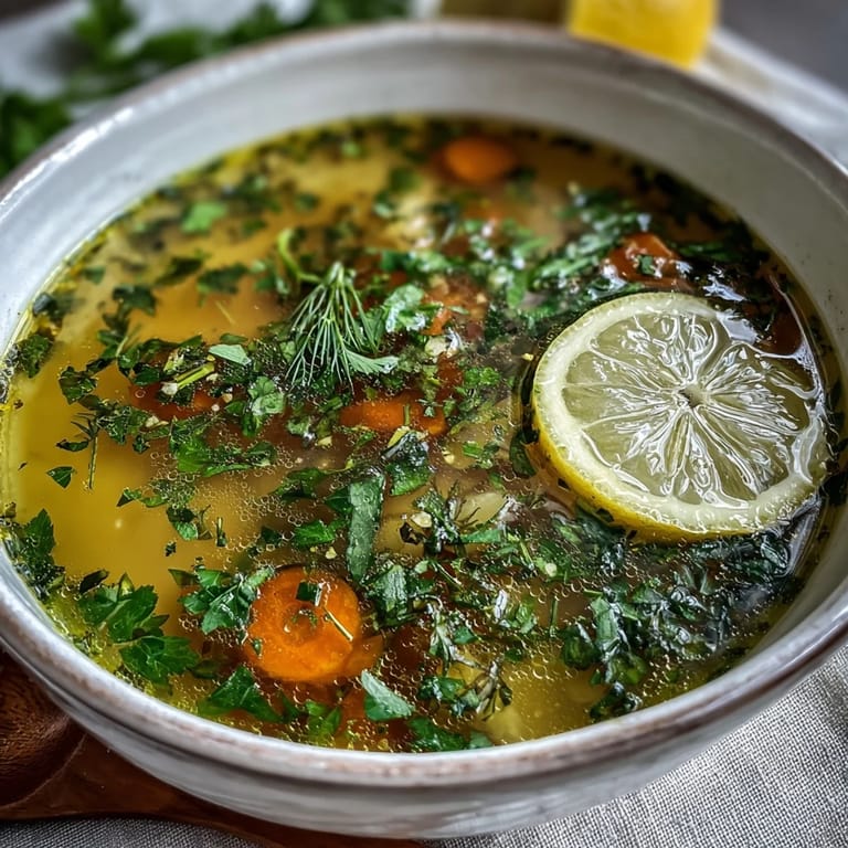 A comforting bowl of Lemon Herb Soup surrounded by chopped parsley, dill, and fresh lemons on a rustic table.