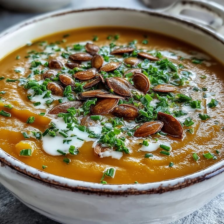 Acorn Squash Soup in a rustic white bowl with a drizzle of cream and cinnamon dusting.