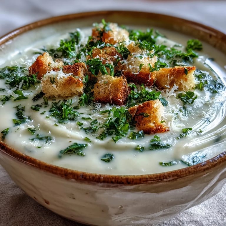 A bowl of homemade garlic and herb soup topped with chives and Parmesan, steaming aromatically after a quick blender purée.