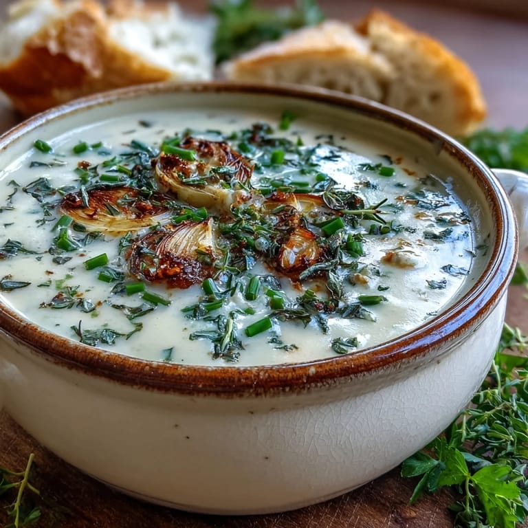 Golden roasted garlic bulbs beside a bowl of Roasted Garlic and Herb Soup, served hot with parsley garnish.