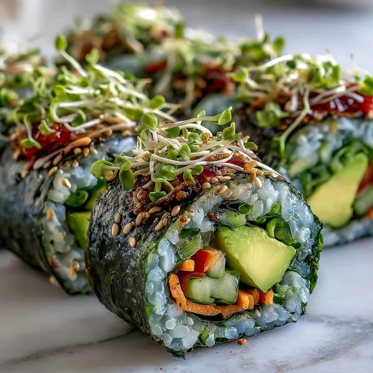 A close-up of nori rolls sliced into bite-sized pieces, revealing vibrant carrot, bell pepper, and sprout fillings, ready to be dipped in soy sauce.