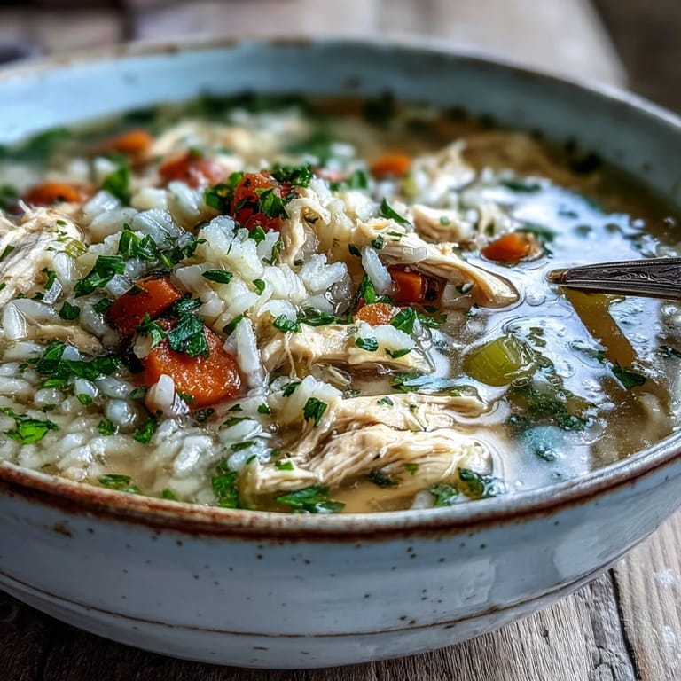 Cozy Winter Chicken and Rice Soup simmering in a rustic pot, with fresh parsley and lemon wedges set beside it for serving.