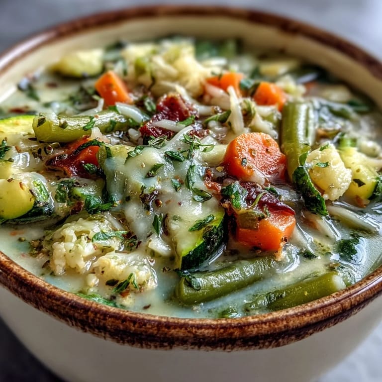 Homemade Parmesan Veggie Soup served with crusty bread, perfect for a cozy vegetarian dinner.