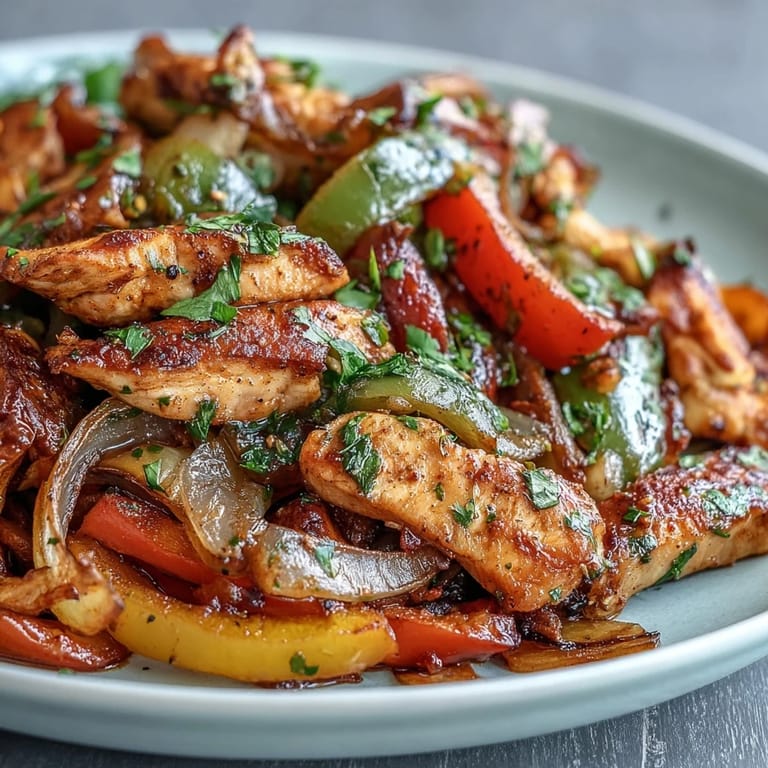 Homemade Easy Chicken Fajitas garnished with fresh cilantro and lime wedges.
