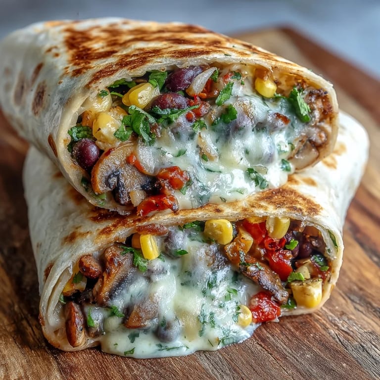 Soft flour tortillas wrapped around a colorful mix of beans and corn, ready to be topped with sour cream and cilantro.
