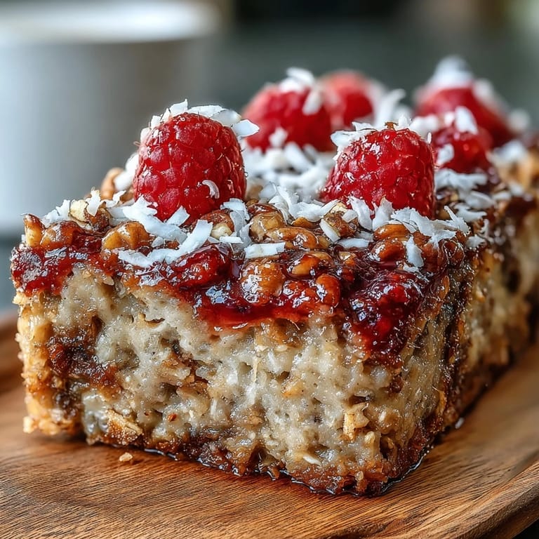 A close-up of Baked Oatmeal with Raspberry and Coconut showing a soft, chewy texture and vibrant red raspberries in a rustic baking dish.