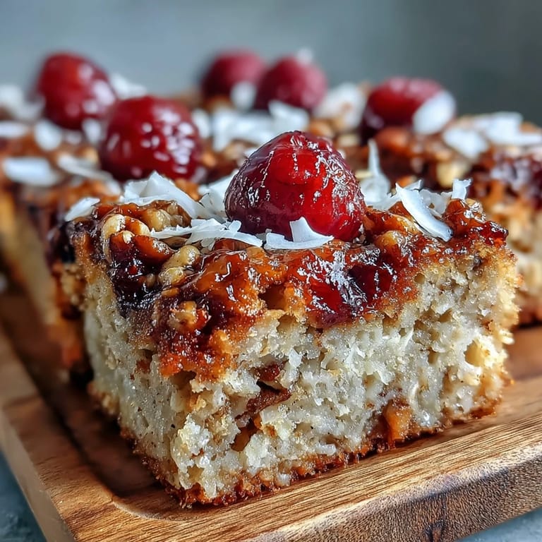Serving suggestion for Baked Oatmeal with Raspberry and Coconut, perfect for a cozy vegan breakfast alongside a steaming mug of coffee.