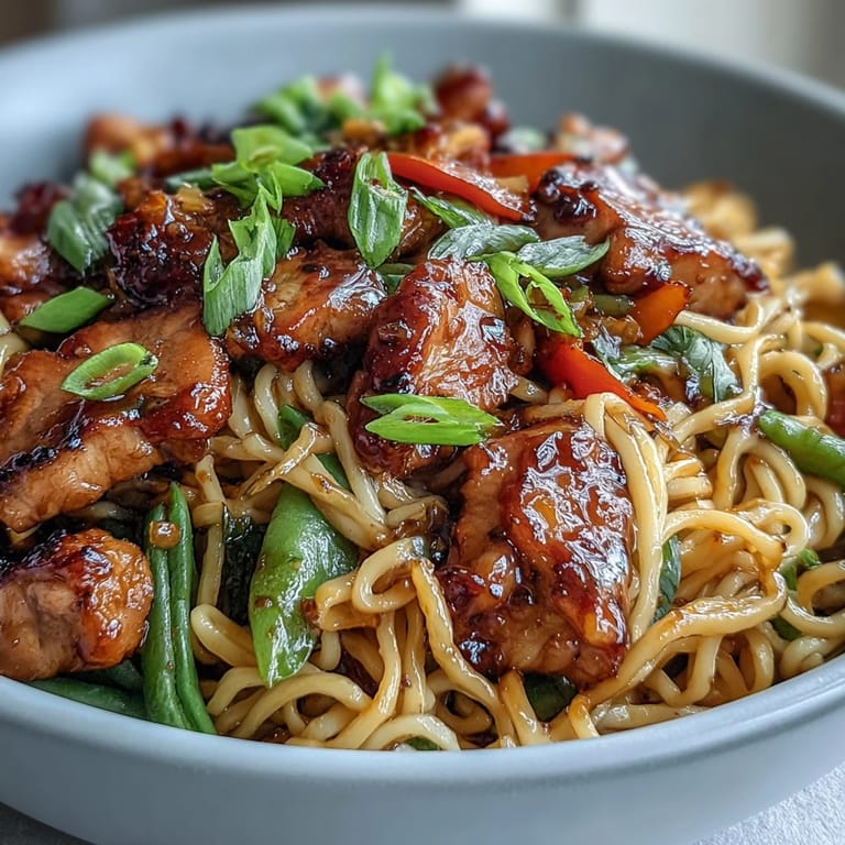 Freshly plated Pork Noodle Stir-Fry garnished with sesame seeds and cilantro, served alongside chopsticks for a weeknight meal.