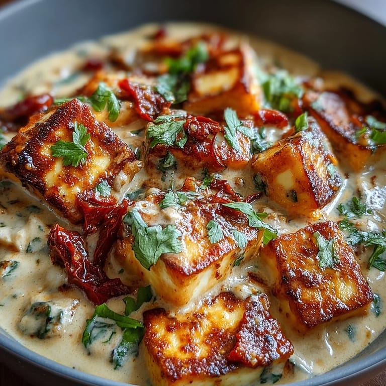 Rich vegetarian curry with halloumi and tomatoes served over fluffy basmati rice and naan.