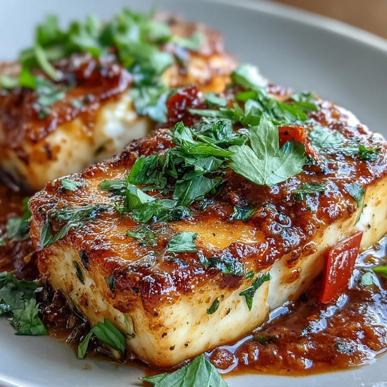 Easy Indian-inspired creamy halloumi curry in a skillet topped with lemon wedges and herbs.
