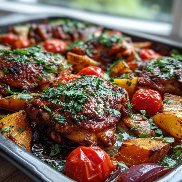 Roasted piri-piri chicken and sweet potatoes share a baking tray with blistered cherry tomatoes, finished with fresh parsley.