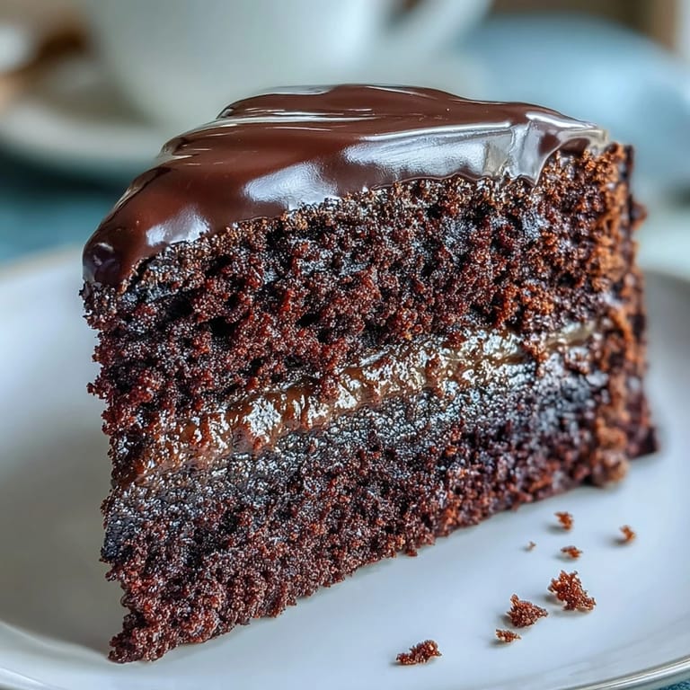 A close-up reveals fudgy layers of Easy Chocolate Fudge Cake with glossy chocolate icing, perfect for indulgent teatime.