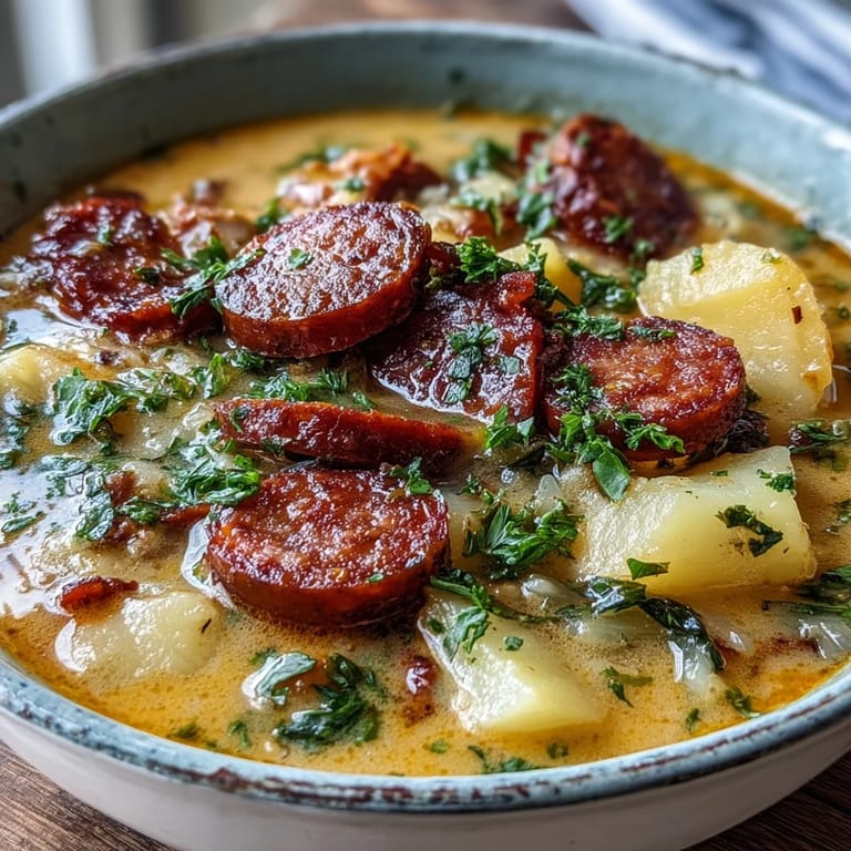 A hearty bowl of Potato, Leek and Chorizo Soup with smoky chorizo and soft potatoes, ready to serve on a cozy table.