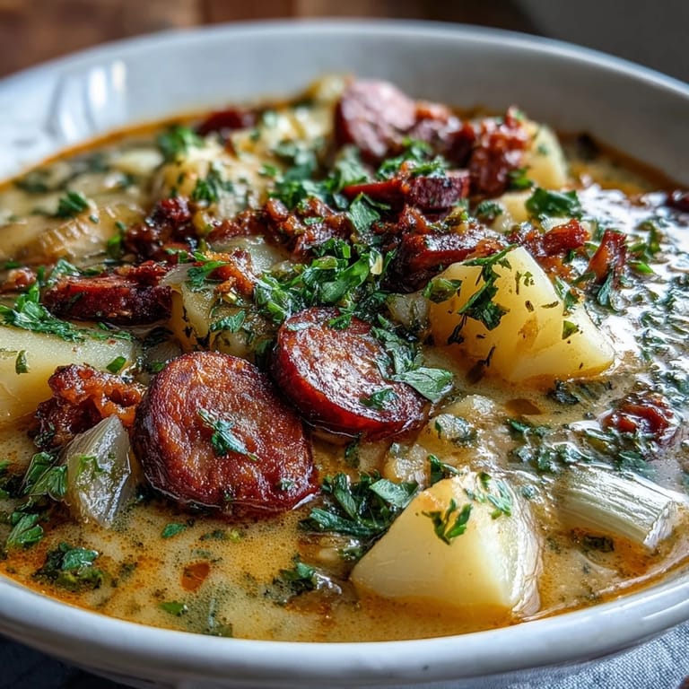 Close-up of Potato, Leek and Chorizo Soup garnished with parsley and crispy chorizo pieces in a ceramic soup bowl.