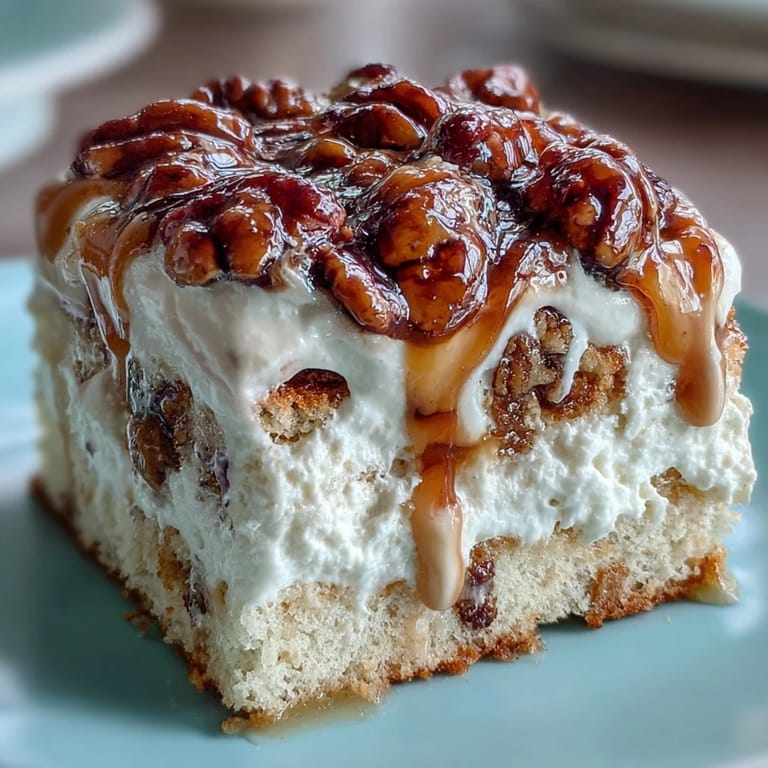 Buttery toasted pecans glistening on top of a moist Butter Pecan Tres Leches Cake, ready to be served chilled.