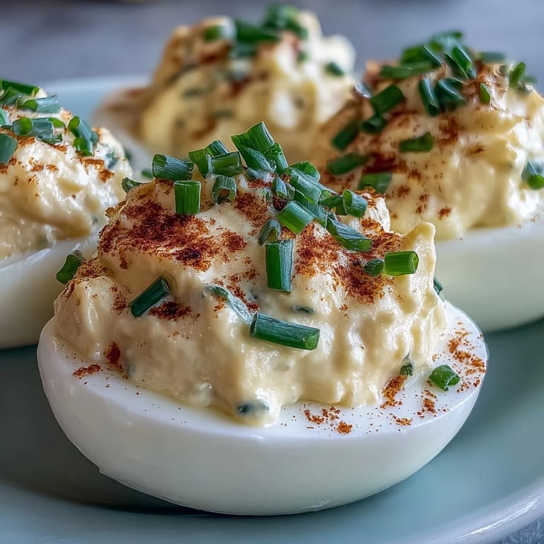 Twelve halved hard-boiled eggs filled with tangy, creamy Million Dollar Deviled Eggs for a classic potluck side.