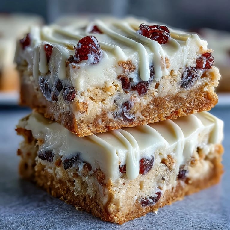 Rich white chocolate drizzle cascades down the edges of the frosted Cranberry Bliss Bars, garnished with extra chopped dried cranberries.