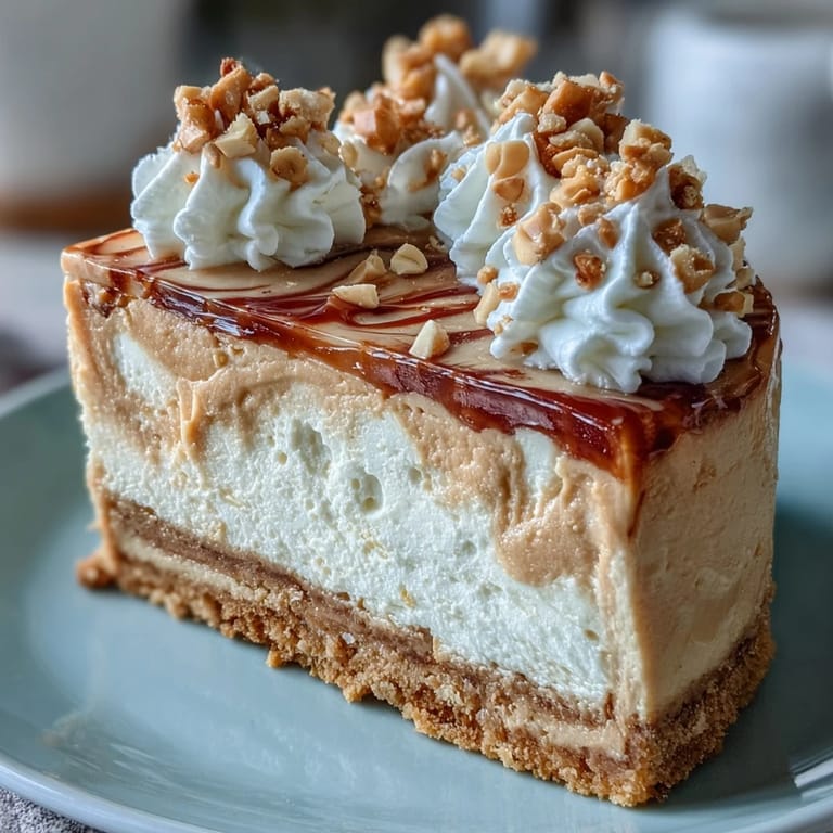Smooth peanut butter cheesecake topped with fluffy whipped cream and chopped peanuts on a Nutter Butter crust. 