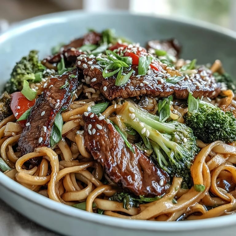 A family-style platter of Korean Beef Noodles garnished with sesame seeds, served alongside chopsticks and a small bowl of extra sauce.