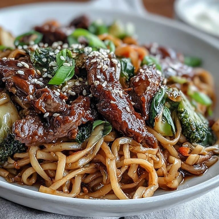 A close-up of Korean Beef Noodles shows silky rice noodles tangled with seared beef, julienned carrots, and green onions on a white plate.
