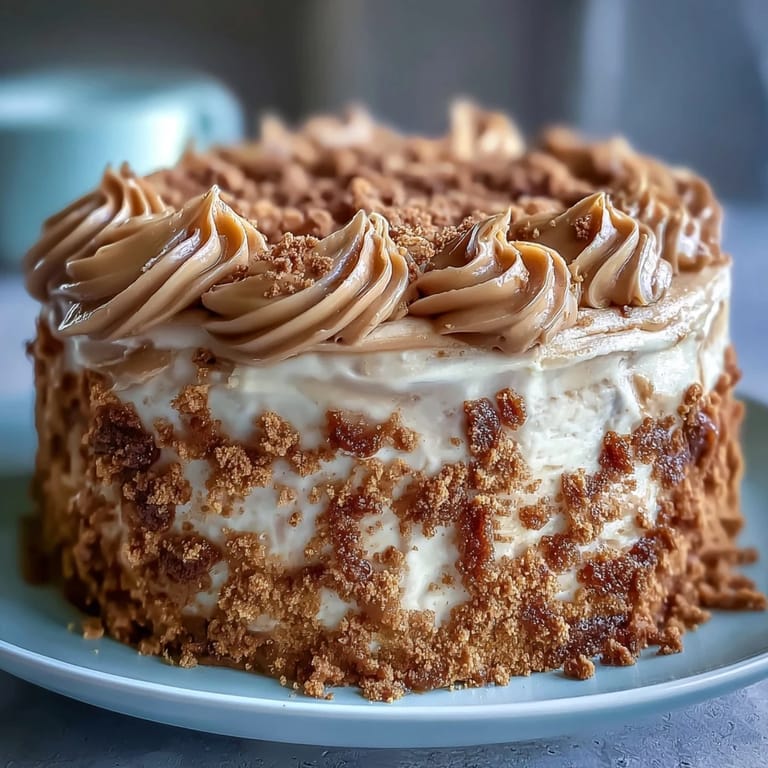 Freshly frosted Decadent Baked Biscoff Cake sits ready to serve, garnished with crunchy Biscoff pieces and a caramel drizzle.