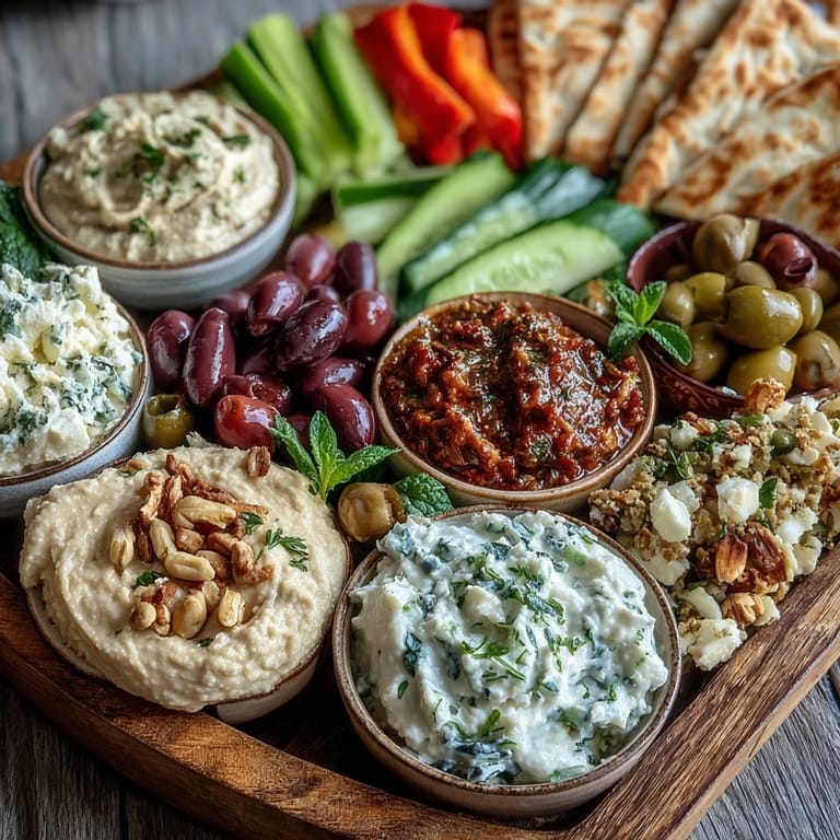 Close-up view of fresh Mediterranean dips and crisp veggies on a wooden board, ready for a brunch gathering.