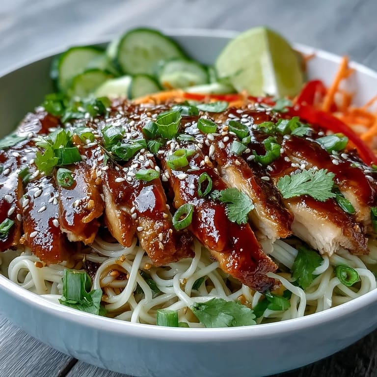Easy Asian Chicken Noodle Bowl served in a white bowl, ready to enjoy with chopsticks and chili flakes on the side.