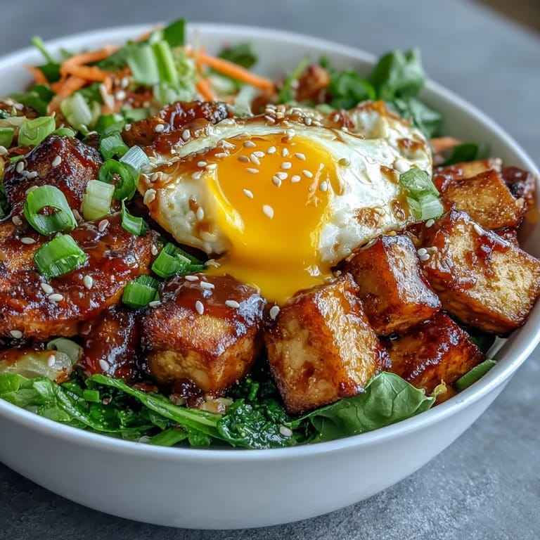 Top-down view of Tofu Jammy Egg Breakfast Bowl featuring spinach, cucumber ribbons, and a drizzle of ginger scallion sauce.