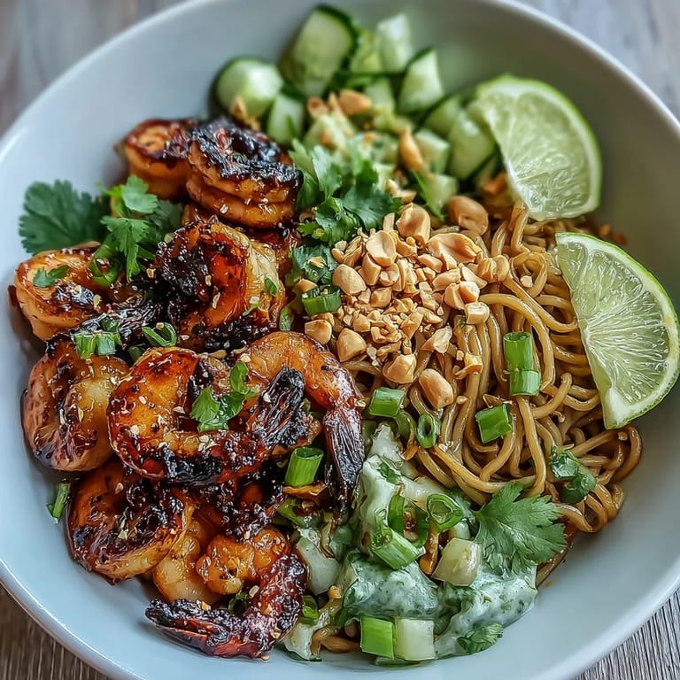 Savory grilled shrimp skewers resting on sesame-infused noodles, alongside fresh cucumber ribbons and vibrant bean sprouts in a bowl.