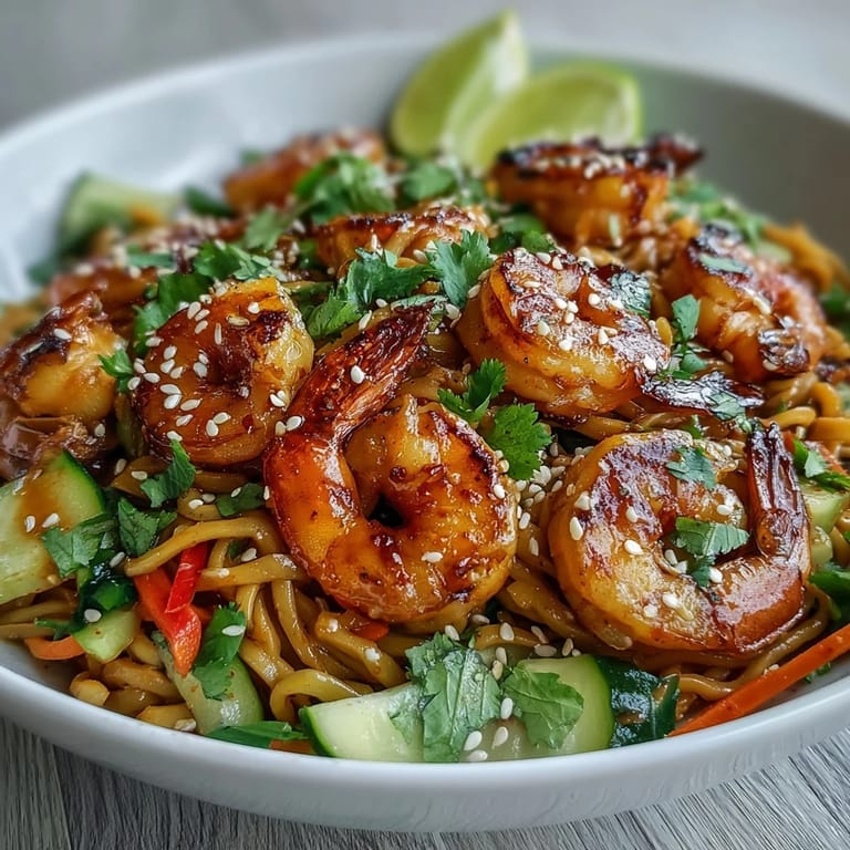 Plated 15-Minute Asian Noodle Bowl With Grilled Shrimp topped with julienned carrots, cucumbers, and chili flakes.