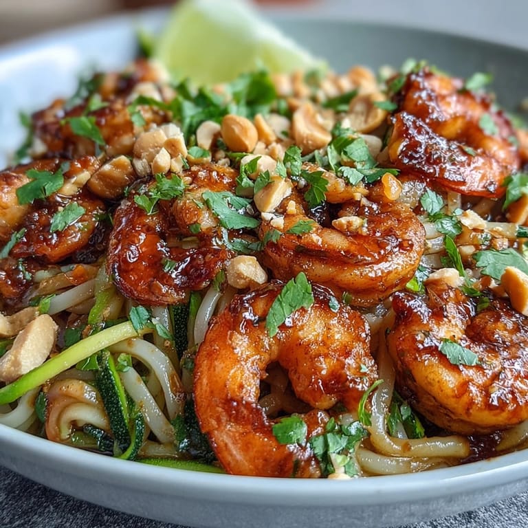 A close-up of a colorful Asian Noodle Bowl featuring tender shrimp, crisp vegetables, and rice noodles.