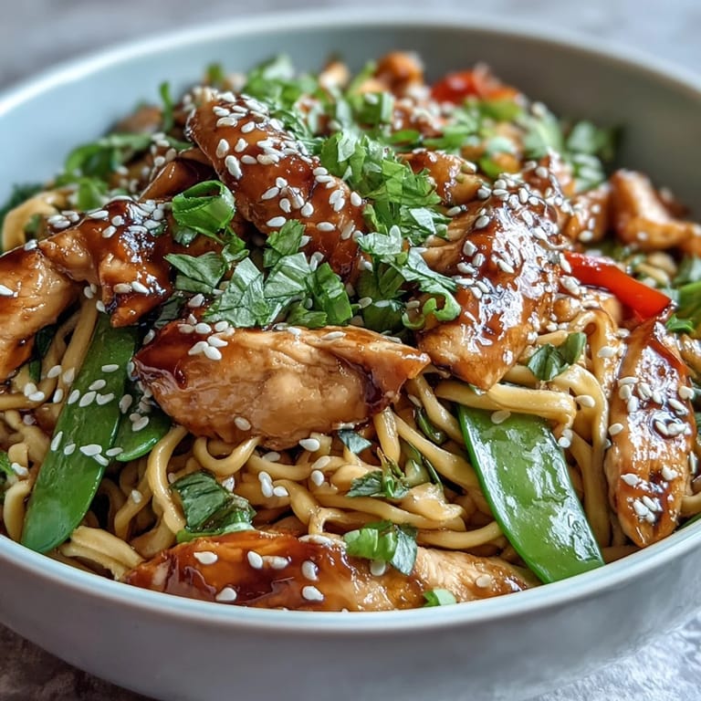 A steaming bowl of Sesame Chicken Noodle Bowl with lime wedges and vibrant vegetables on a rustic table.