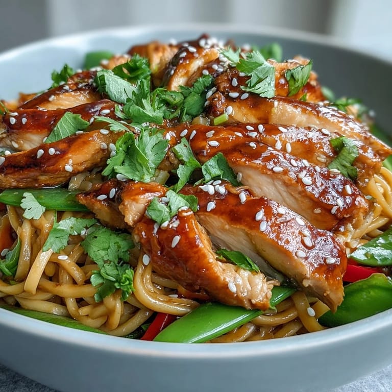 Hearty noodles tossed with chicken, carrots, and snap peas, garnished with sesame seeds and fresh cilantro. 