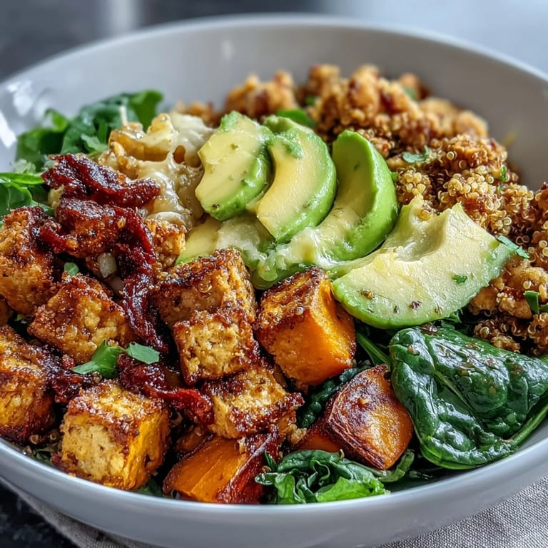 Fluffy quinoa topped with turmeric-spiced scrambled tofu, roasted sweet potatoes, sautéed spinach, and creamy avocado for a protein-rich morning meal.  