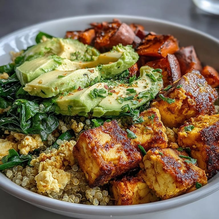 Vibrant tofu scramble breakfast bowl featuring golden roasted sweet potatoes, sautéed greens, quinoa, and fresh avocado, perfect for vegan brunch or meal prep.