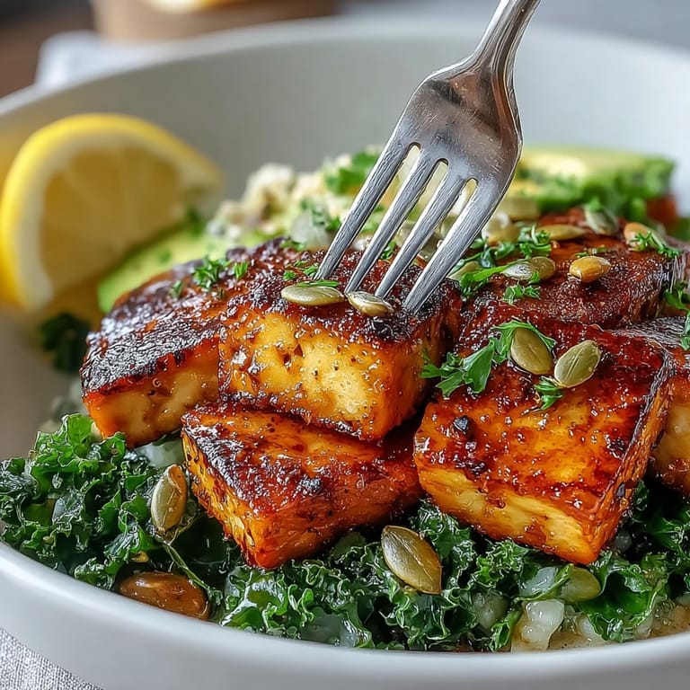 A nourishing vegan breakfast bowl featuring crispy tofu, wilted kale, and fresh avocado, served with lemon wedges for a bright flavor boost.  