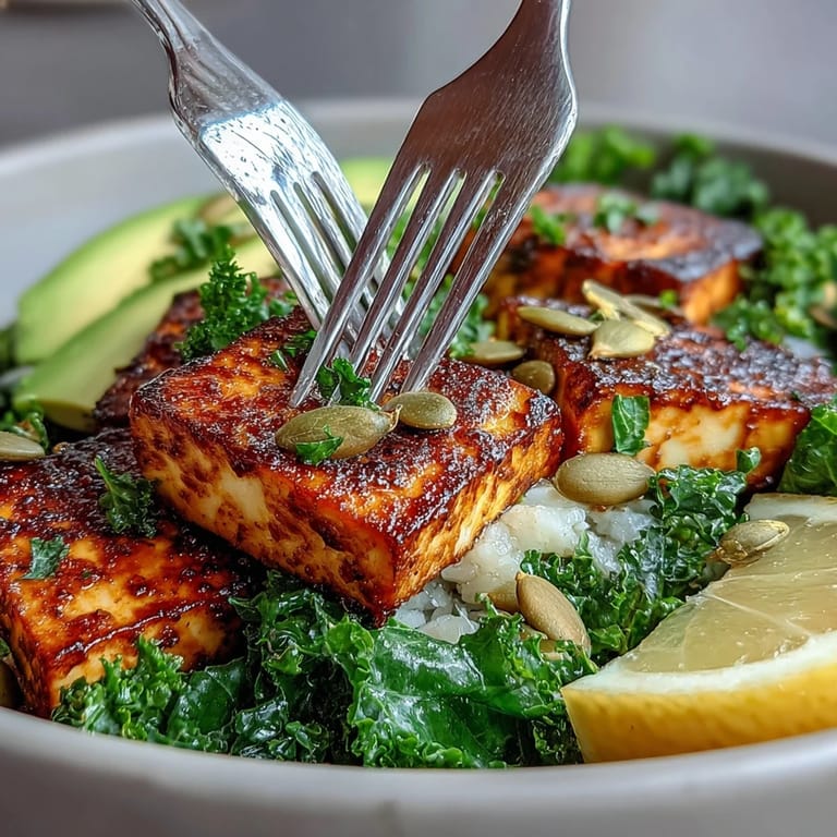 A protein-packed tofu and kale breakfast bowl with smoked paprika seasoning, creamy avocado, and a sprinkle of nutritional yeast for a savory twist.