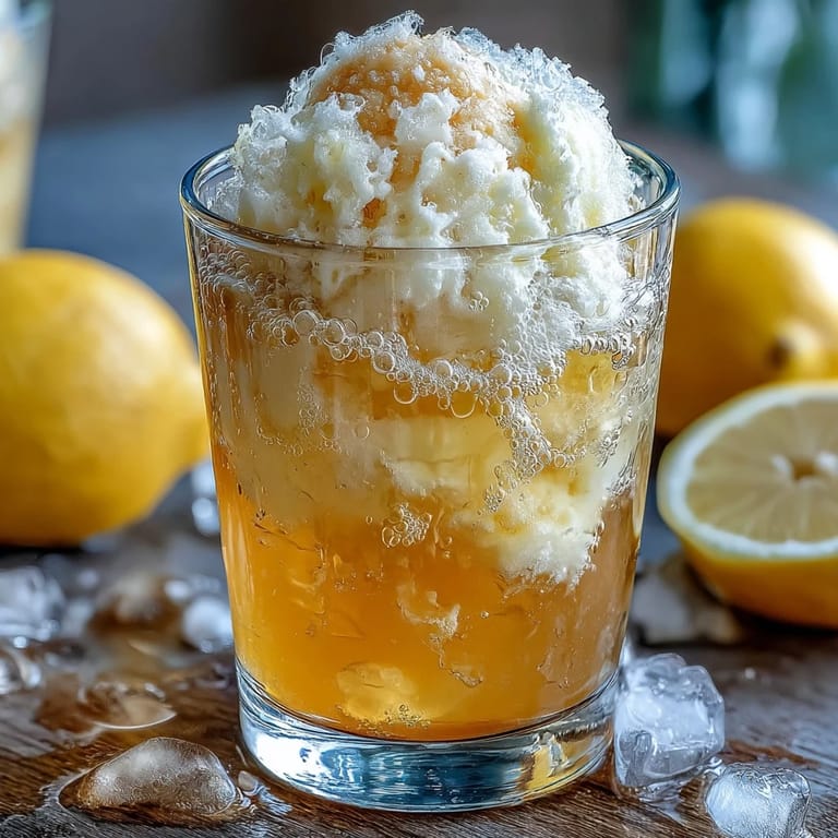 Bubbly Limoncello Sorbet Float featuring tangy lemon sorbet, chilled Limoncello, and effervescent sparkling water in a frosted glass.