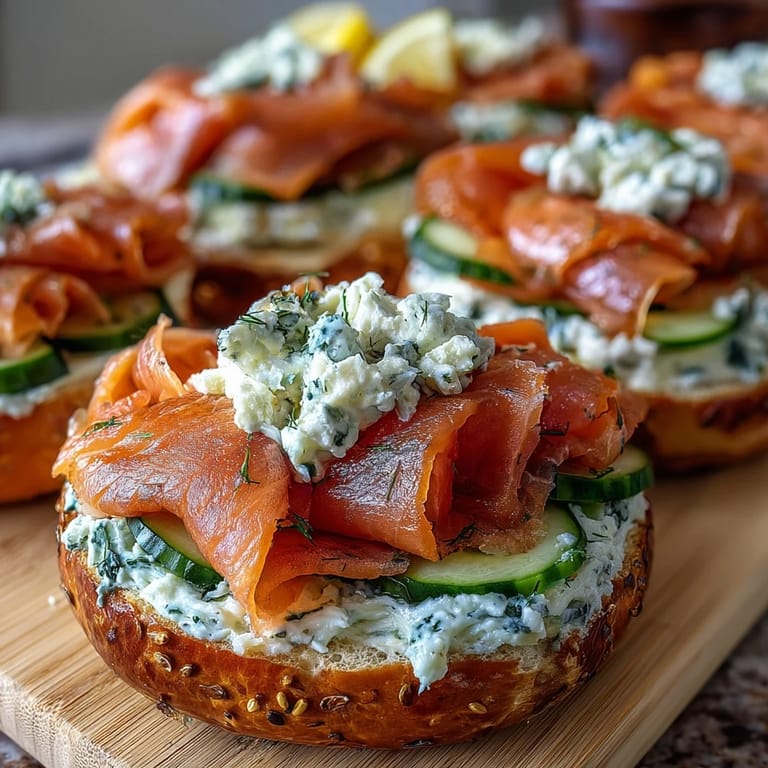 Elegant smoked salmon and bagel platter featuring whipped cream cheese, ripe tomatoes, cucumbers, and vibrant herbs—ideal for entertaining.