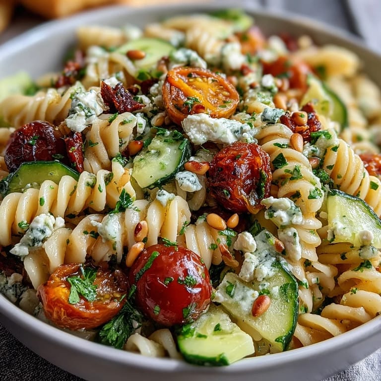 Refreshing cold pasta salad tossed in bright lemon dressing, featuring fresh cucumbers, cherry tomatoes, and tender pasta—ideal for warm-weather gatherings.