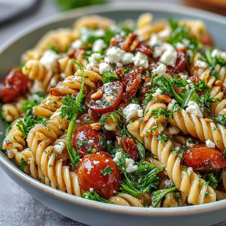Colorful lemon vinaigrette pasta salad with crunchy cucumbers, sweet cherry tomatoes, and tangy lemon dressing, ready to serve as a vegetarian side dish.