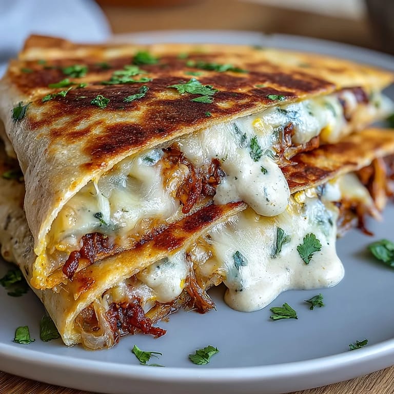 Festive street corn quesadillas bursting with Mexican flavors, featuring fresh cilantro, Cotija cheese, and a creamy chipotle drizzle.
