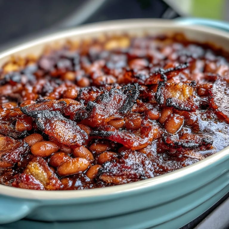 Hearty baked beans in rich molasses and ketchup sauce, topped with golden-brown bacon crumbles