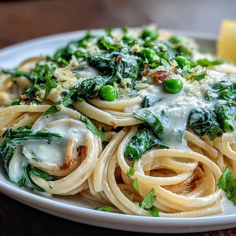 Bright vegetarian linguine with lemon cream sauce, green peas, and spinach, garnished with lemon zest and black pepper.