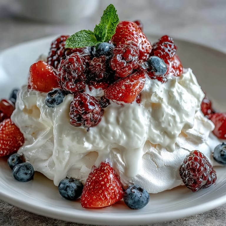 Elegant pavlova with golden meringue base, velvety cream, and a generous topping of juicy seasonal berries.