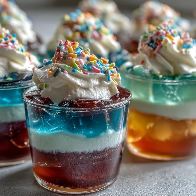 Brightly layered Rainbow Jello Cups for Kids: fruity gelatin in vibrant colors, topped with fluffy whipped cream and sprinkles.