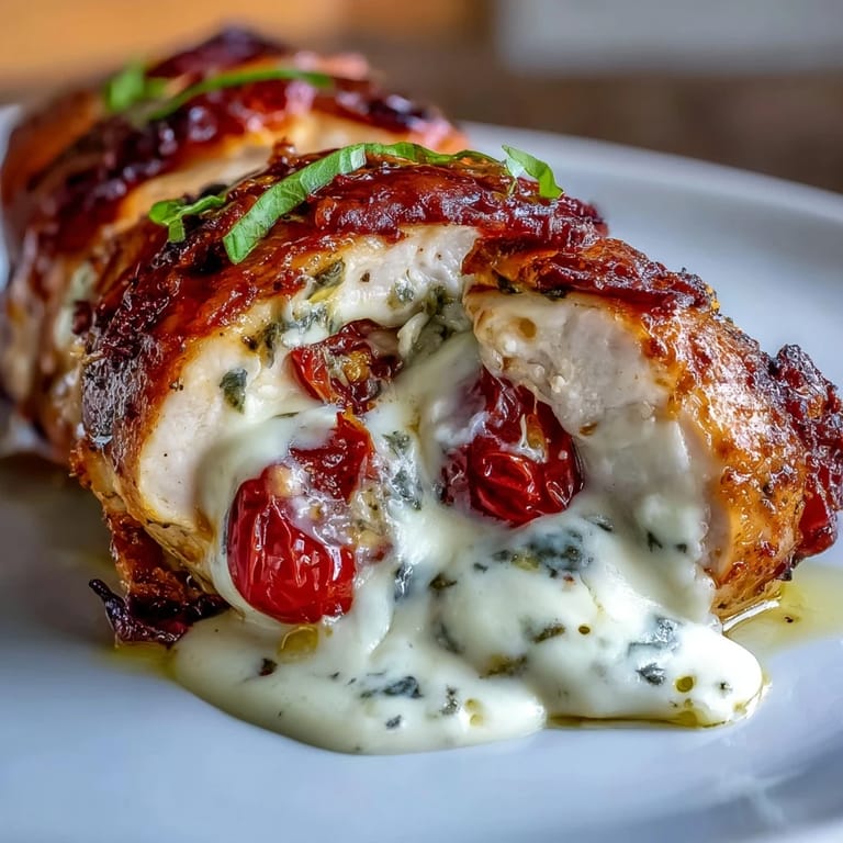 Juicy Caprese Stuffed Chicken Breast featuring layers of mozzarella, tomatoes, and basil, seared and oven-baked for a vibrant Italian dinner.